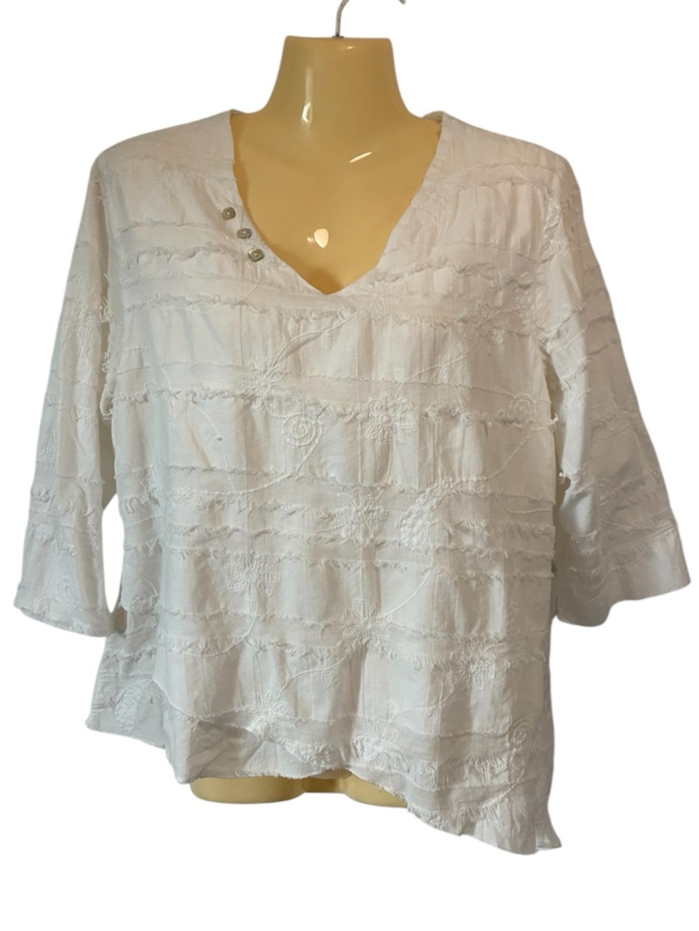 Lulu-B Embroidered V-Neck Blouse Button Accent 100% Cotton Cottagecore White Med